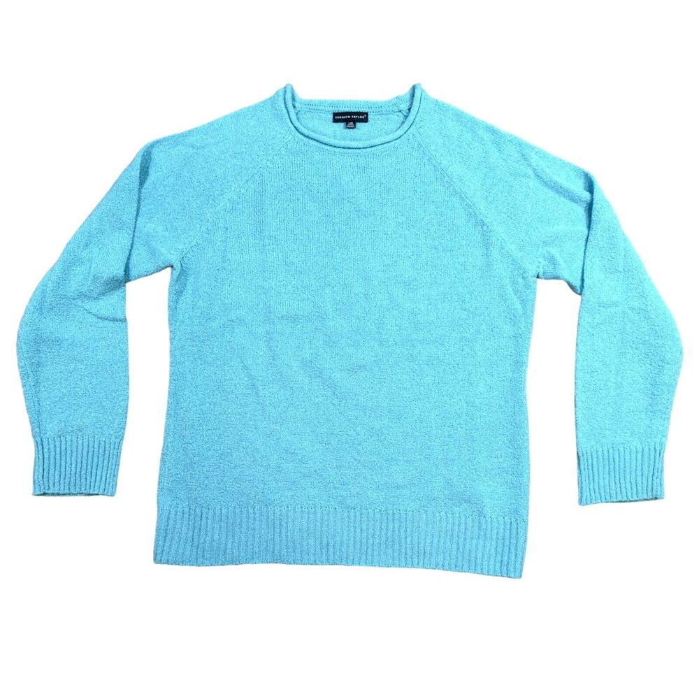 Carolyn Taylor Sweater Women's Large Blue Knit Crew Neck Ribbed Cuff Pullover